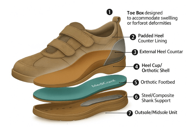 Cutaway diagram of an orthopaedic shoe showing the toe box, padded heel counter, external heel counter, orthotic shell, orthotic footbed, shank support and outsole