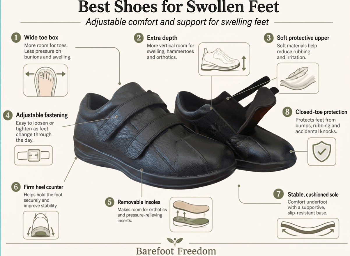Features of quality shoes for swollen feet including extra depth, wide fit design and adjustable support